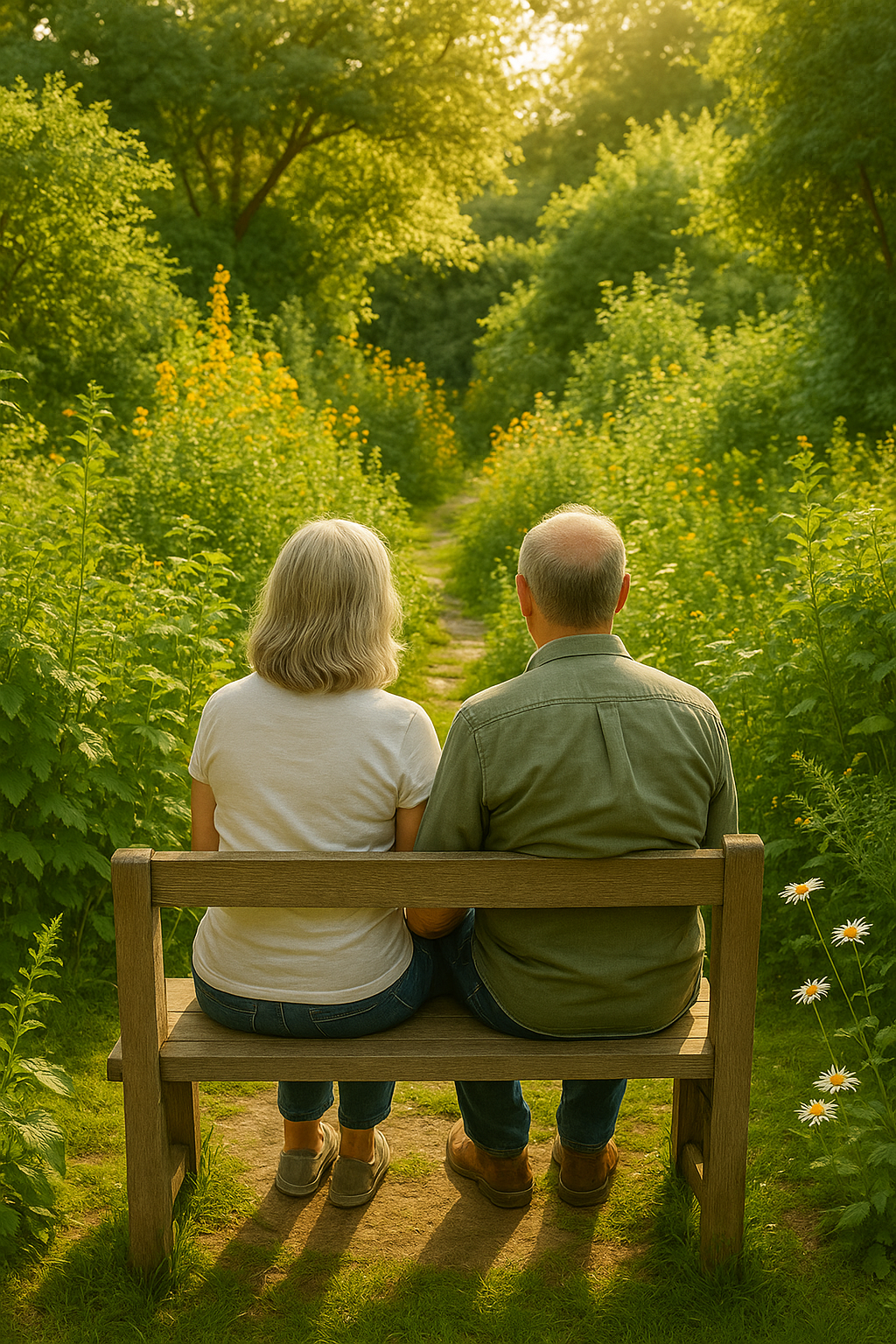 Paar auf Bank blickt in den Garten