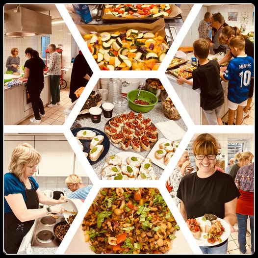 Collage vom Kochabend „Bergfelde kocht“: Erwachsene und Kinder kochen gemeinsam, Ofengemüse, Häppchen und Pfannengericht
