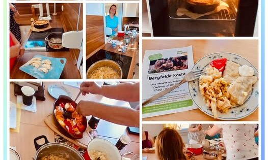 Collage vom Kochabend „Bergfelde kocht“: gemeinsames Kochen, Gerichte in Ofen und Topf, Flyer und gefüllter Teller