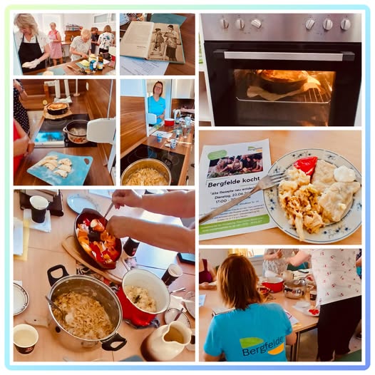 Collage vom Kochabend „Bergfelde kocht“: gemeinsames Kochen, Gerichte in Ofen und Topf, Flyer und gefüllter Teller