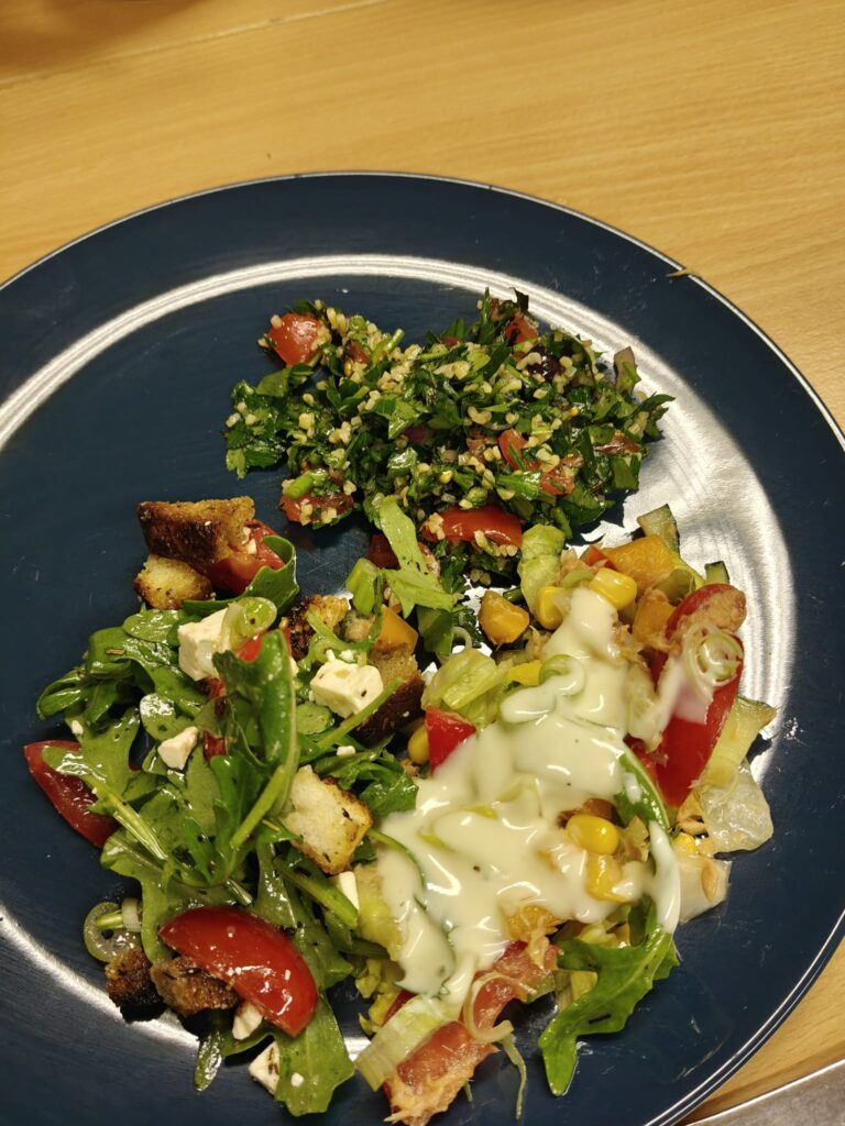 Alles nur Salat: Teller mit Brotsalat, Tomaten, Rucola und Kräutersalat